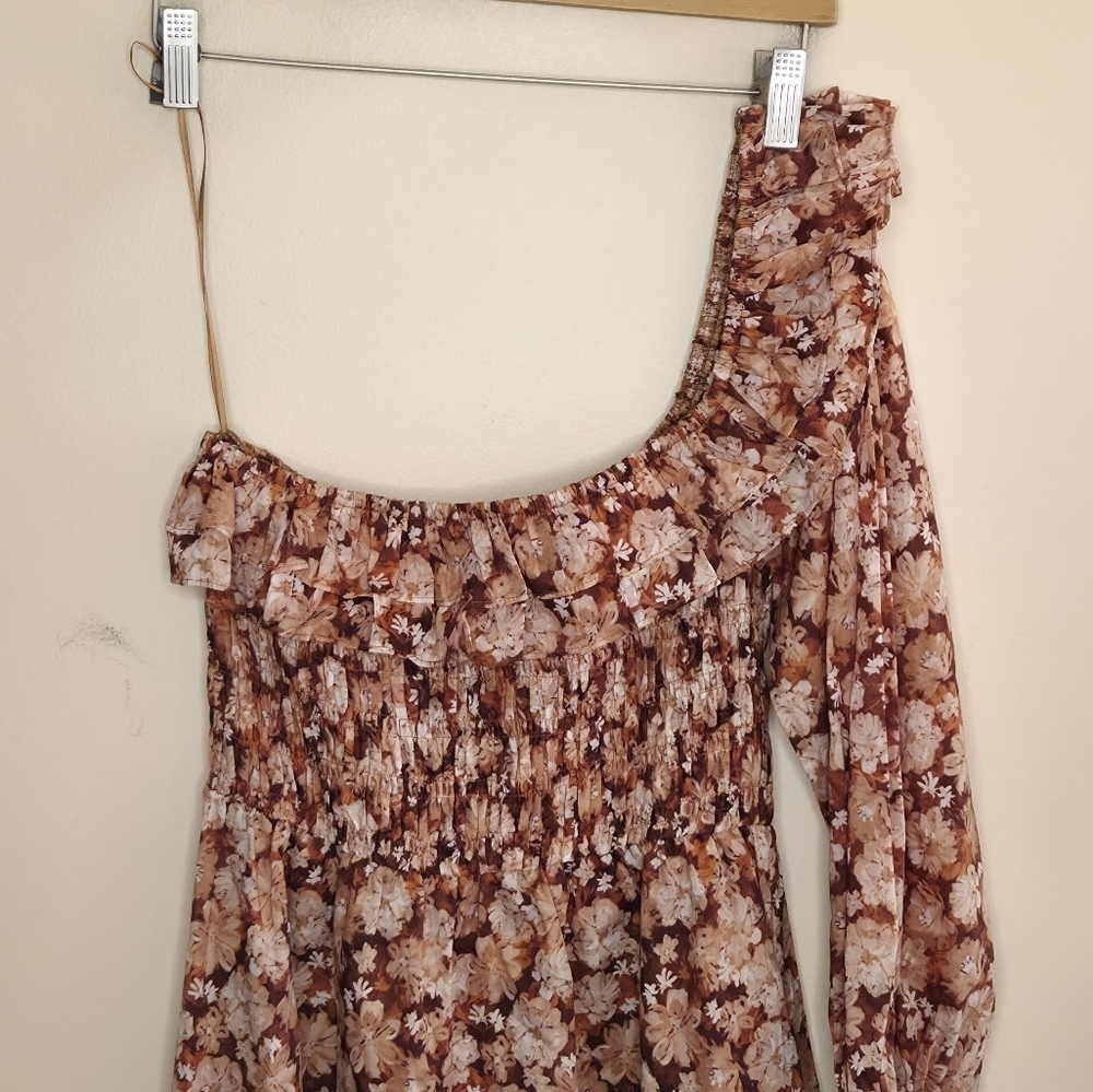 Sofie The Label Brown Floral One Shoulder Ruffle Boho Midi Dress Size Small - Picture 7 of 9